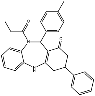 11-(4-methylphenyl)-3-phenyl-10-propionyl-2,3,4,5,10,11-hexahydro-1H-dibenzo[b,e][1,4]diazepin-1-one Struktur