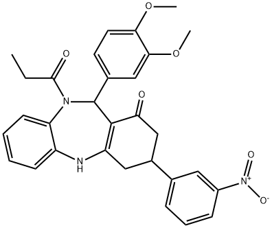 11-(3,4-dimethoxyphenyl)-3-{3-nitrophenyl}-10-propionyl-2,3,4,5,10,11-hexahydro-1H-dibenzo[b,e][1,4]diazepin-1-one Struktur