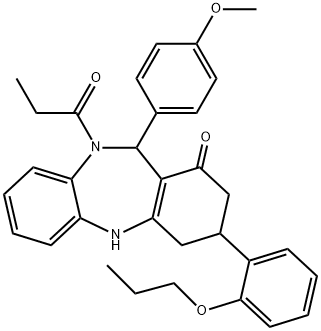 11-(4-methoxyphenyl)-10-propionyl-3-(2-propoxyphenyl)-2,3,4,5,10,11-hexahydro-1H-dibenzo[b,e][1,4]diazepin-1-one Struktur