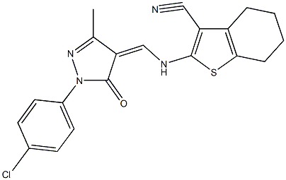 2-({[1-(4-chlorophenyl)-3-methyl-5-oxo-1,5-dihydro-4H-pyrazol-4-ylidene]methyl}amino)-4,5,6,7-tetrahydro-1-benzothiophene-3-carbonitrile Struktur