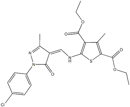 diethyl 5-({[1-(4-chlorophenyl)-3-methyl-5-oxo-1,5-dihydro-4H-pyrazol-4-ylidene]methyl}amino)-3-methyl-2,4-thiophenedicarboxylate Struktur