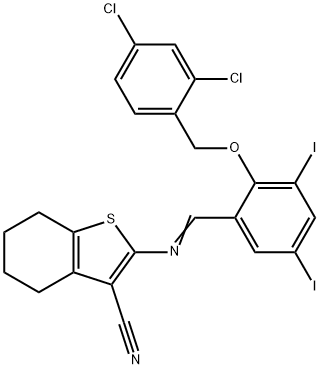 2-({2-[(2,4-dichlorobenzyl)oxy]-3,5-diiodobenzylidene}amino)-4,5,6,7-tetrahydro-1-benzothiophene-3-carbonitrile Struktur