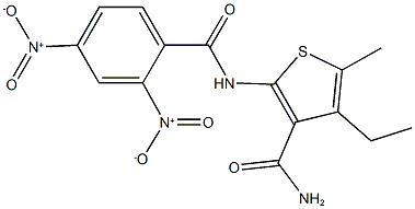 2-({2,4-bisnitrobenzoyl}amino)-4-ethyl-5-methyl-3-thiophenecarboxamide Struktur