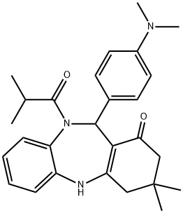 11-[4-(dimethylamino)phenyl]-10-isobutyryl-3,3-dimethyl-2,3,4,5,10,11-hexahydro-1H-dibenzo[b,e][1,4]diazepin-1-one Struktur