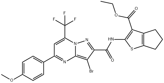 ethyl 2-({[3-bromo-5-(4-methoxyphenyl)-7-(trifluoromethyl)pyrazolo[1,5-a]pyrimidin-2-yl]carbonyl}amino)-5,6-dihydro-4H-cyclopenta[b]thiophene-3-carboxylate Struktur