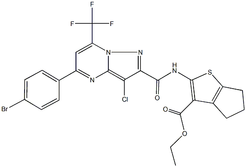 ethyl 2-({[5-(4-bromophenyl)-3-chloro-7-(trifluoromethyl)pyrazolo[1,5-a]pyrimidin-2-yl]carbonyl}amino)-5,6-dihydro-4H-cyclopenta[b]thiophene-3-carboxylate Struktur