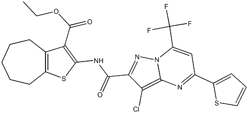 ethyl 2-({[3-chloro-5-(2-thienyl)-7-(trifluoromethyl)pyrazolo[1,5-a]pyrimidin-2-yl]carbonyl}amino)-5,6,7,8-tetrahydro-4H-cyclohepta[b]thiophene-3-carboxylate Struktur