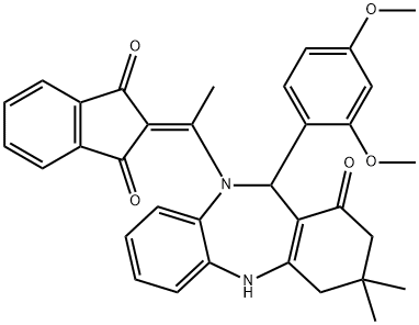 2-{1-[11-(2,4-dimethoxyphenyl)-3,3-dimethyl-1-oxo-1,2,3,4,5,11-hexahydro-10H-dibenzo[b,e][1,4]diazepin-10-yl]ethylidene}-1H-indene-1,3(2H)-dione Struktur