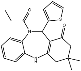 3,3-dimethyl-10-propionyl-11-(2-thienyl)-2,3,4,5,10,11-hexahydro-1H-dibenzo[b,e][1,4]diazepin-1-one Struktur