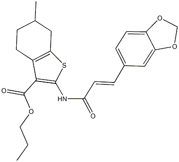 propyl 2-{[3-(1,3-benzodioxol-5-yl)acryloyl]amino}-6-methyl-4,5,6,7-tetrahydro-1-benzothiophene-3-carboxylate Struktur