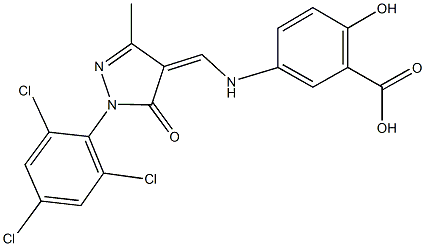 2-hydroxy-5-({[3-methyl-5-oxo-1-(2,4,6-trichlorophenyl)-1,5-dihydro-4H-pyrazol-4-ylidene]methyl}amino)benzoic acid Struktur