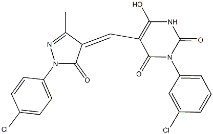 3-(3-chlorophenyl)-5-{[1-(4-chlorophenyl)-3-methyl-5-oxo-1,5-dihydro-4H-pyrazol-4-ylidene]methyl}-6-hydroxy-2,4(1H,3H)-pyrimidinedione Struktur