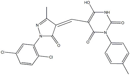 5-{[1-(2,5-dichlorophenyl)-3-methyl-5-oxo-1,5-dihydro-4H-pyrazol-4-ylidene]methyl}-6-hydroxy-3-(4-methylphenyl)-2,4(1H,3H)-pyrimidinedione Struktur