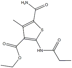 ethyl 5-(aminocarbonyl)-4-methyl-2-(propionylamino)-3-thiophenecarboxylate Struktur