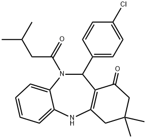 11-(4-chlorophenyl)-3,3-dimethyl-10-(3-methylbutanoyl)-2,3,4,5,10,11-hexahydro-1H-dibenzo[b,e][1,4]diazepin-1-one Struktur