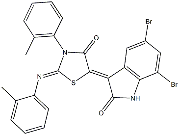 5,7-dibromo-3-{3-(2-methylphenyl)-2-[(2-methylphenyl)imino]-4-oxo-1,3-thiazolidin-5-ylidene}-1,3-dihydro-2H-indol-2-one Struktur