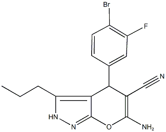 6-amino-4-(4-bromo-3-fluorophenyl)-3-propyl-2,4-dihydropyrano[2,3-c]pyrazole-5-carbonitrile Struktur