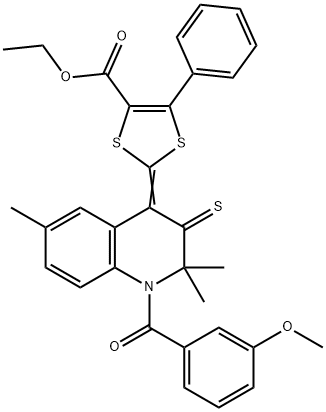 ethyl 2-(1-(3-methoxybenzoyl)-2,2,6-trimethyl-3-thioxo-2,3-dihydro-4(1H)-quinolinylidene)-5-phenyl-1,3-dithiole-4-carboxylate Struktur