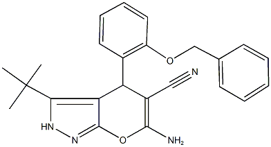 6-amino-4-[2-(benzyloxy)phenyl]-3-(tert-butyl)-2,4-dihydropyrano[2,3-c]pyrazole-5-carbonitrile Struktur