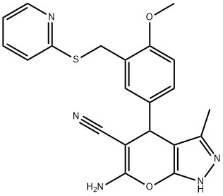 6-amino-4-{4-methoxy-3-[(2-pyridinylsulfanyl)methyl]phenyl}-3-methyl-2,4-dihydropyrano[2,3-c]pyrazole-5-carbonitrile Struktur