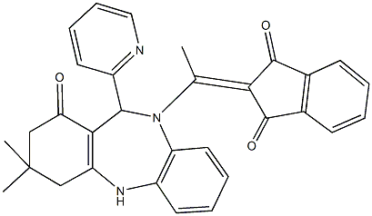 2-{1-[3,3-dimethyl-1-oxo-11-(2-pyridinyl)-1,2,3,4,5,11-hexahydro-10H-dibenzo[b,e][1,4]diazepin-10-yl]ethylidene}-1H-indene-1,3(2H)-dione Struktur