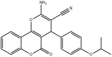 2-amino-4-(4-isopropoxyphenyl)-5-oxo-4H,5H-pyrano[3,2-c]chromene-3-carbonitrile Struktur