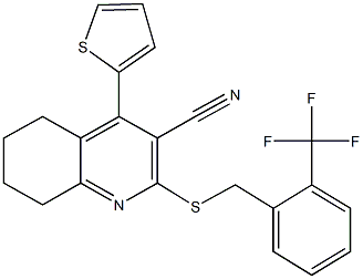 4-(2-thienyl)-2-{[2-(trifluoromethyl)benzyl]sulfanyl}-5,6,7,8-tetrahydro-3-quinolinecarbonitrile Struktur