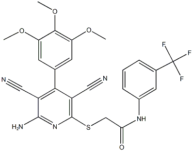 2-{[6-amino-3,5-dicyano-4-(3,4,5-trimethoxyphenyl)-2-pyridinyl]sulfanyl}-N-[3-(trifluoromethyl)phenyl]acetamide Struktur