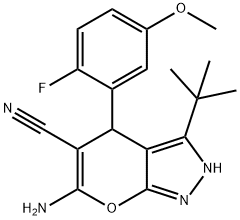 6-amino-3-(tert-butyl)-4-(2-fluoro-5-methoxyphenyl)-2,4-dihydropyrano[2,3-c]pyrazole-5-carbonitrile Struktur