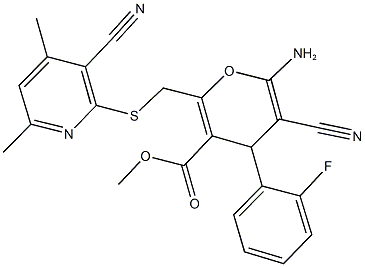 methyl 6-amino-5-cyano-2-{[(3-cyano-4,6-dimethyl-2-pyridinyl)sulfanyl]methyl}-4-(2-fluorophenyl)-4H-pyran-3-carboxylate Struktur