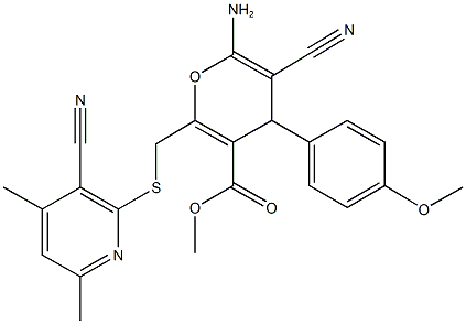 methyl 6-amino-5-cyano-2-{[(3-cyano-4,6-dimethyl-2-pyridinyl)sulfanyl]methyl}-4-(4-methoxyphenyl)-4H-pyran-3-carboxylate Struktur