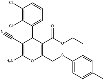 ethyl 6-amino-5-cyano-4-(2,3-dichlorophenyl)-2-{[(4-methylphenyl)sulfanyl]methyl}-4H-pyran-3-carboxylate Struktur