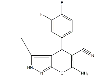 6-amino-4-(3,4-difluorophenyl)-3-ethyl-2,4-dihydropyrano[2,3-c]pyrazole-5-carbonitrile Struktur