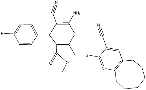 methyl 6-amino-5-cyano-2-{[(3-cyano-5,6,7,8,9,10-hexahydrocycloocta[b]pyridin-2-yl)sulfanyl]methyl}-4-(4-fluorophenyl)-4H-pyran-3-carboxylate Struktur