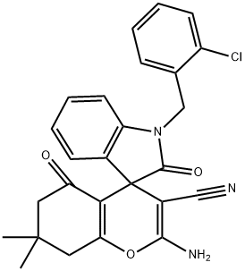 2-amino-1'-(2-chlorobenzyl)-3-cyano-7,7-dimethyl-2',5-dioxo-1',3',5,6,7,8-hexahydrospiro[4H-chromene-4,3'-(2'H)-indole] Struktur