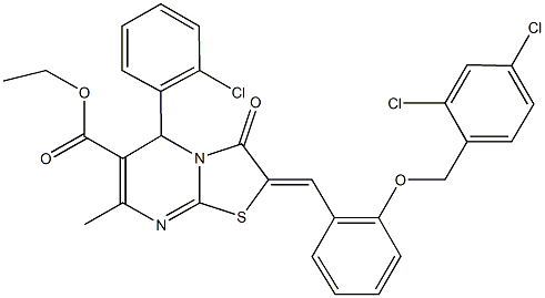 ethyl 5-(2-chlorophenyl)-2-{2-[(2,4-dichlorobenzyl)oxy]benzylidene}-7-methyl-3-oxo-2,3-dihydro-5H-[1,3]thiazolo[3,2-a]pyrimidine-6-carboxylate Struktur