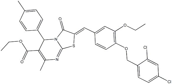 ethyl 2-{4-[(2,4-dichlorobenzyl)oxy]-3-ethoxybenzylidene}-7-methyl-5-(4-methylphenyl)-3-oxo-2,3-dihydro-5H-[1,3]thiazolo[3,2-a]pyrimidine-6-carboxylate Struktur