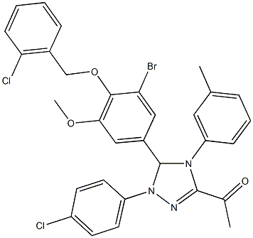 1-[5-{3-bromo-4-[(2-chlorobenzyl)oxy]-5-methoxyphenyl}-1-(4-chlorophenyl)-4-(3-methylphenyl)-4,5-dihydro-1H-1,2,4-triazol-3-yl]ethanone Struktur