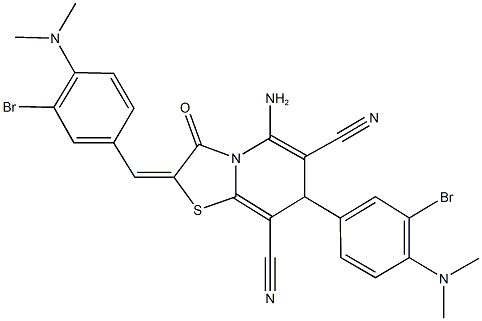 5-amino-2-[3-bromo-4-(dimethylamino)benzylidene]-7-[3-bromo-4-(dimethylamino)phenyl]-3-oxo-2,3-dihydro-7H-[1,3]thiazolo[3,2-a]pyridine-6,8-dicarbonitrile Struktur