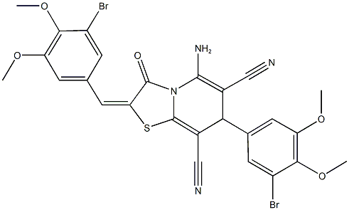 5-amino-2-(3-bromo-4,5-dimethoxybenzylidene)-7-(3-bromo-4,5-dimethoxyphenyl)-3-oxo-2,3-dihydro-7H-[1,3]thiazolo[3,2-a]pyridine-6,8-dicarbonitrile Struktur