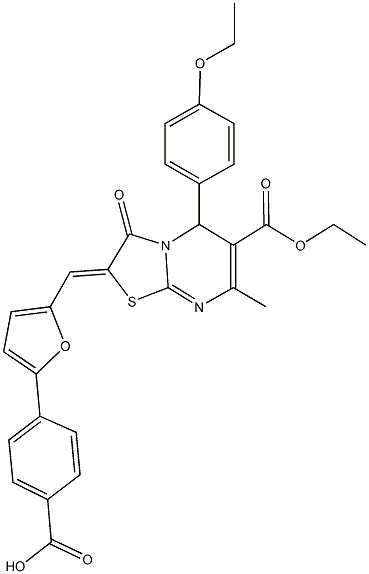 4-{5-[(6-(ethoxycarbonyl)-5-(4-ethoxyphenyl)-7-methyl-3-oxo-5H-[1,3]thiazolo[3,2-a]pyrimidin-2(3H)-ylidene)methyl]-2-furyl}benzoic acid Struktur