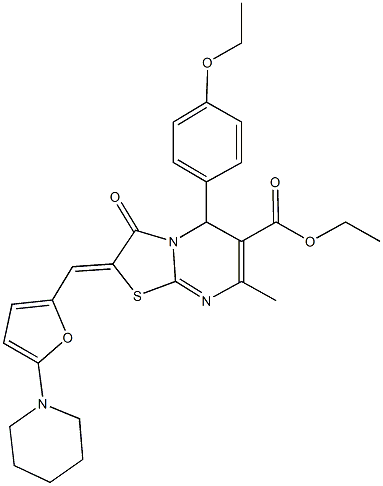 ethyl 5-(4-ethoxyphenyl)-7-methyl-3-oxo-2-{[5-(1-piperidinyl)-2-furyl]methylene}-2,3-dihydro-5H-[1,3]thiazolo[3,2-a]pyrimidine-6-carboxylate Struktur