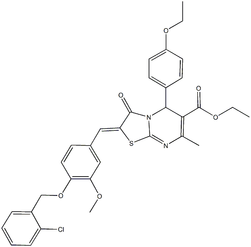 ethyl 2-{4-[(2-chlorobenzyl)oxy]-3-methoxybenzylidene}-5-(4-ethoxyphenyl)-7-methyl-3-oxo-2,3-dihydro-5H-[1,3]thiazolo[3,2-a]pyrimidine-6-carboxylate Struktur