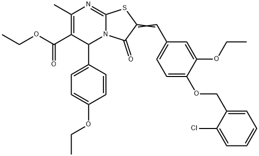 ethyl 2-{4-[(2-chlorobenzyl)oxy]-3-ethoxybenzylidene}-5-(4-ethoxyphenyl)-7-methyl-3-oxo-2,3-dihydro-5H-[1,3]thiazolo[3,2-a]pyrimidine-6-carboxylate Struktur