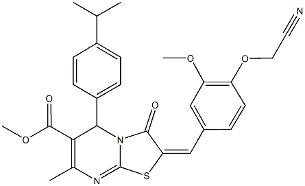 methyl 2-[4-(cyanomethoxy)-3-methoxybenzylidene]-5-(4-isopropylphenyl)-7-methyl-3-oxo-2,3-dihydro-5H-[1,3]thiazolo[3,2-a]pyrimidine-6-carboxylate Struktur