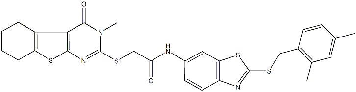 N-{2-[(2,4-dimethylbenzyl)sulfanyl]-1,3-benzothiazol-6-yl}-2-[(3-methyl-4-oxo-3,4,5,6,7,8-hexahydro[1]benzothieno[2,3-d]pyrimidin-2-yl)sulfanyl]acetamide Struktur