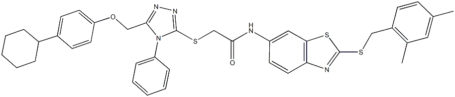 2-({5-[(4-cyclohexylphenoxy)methyl]-4-phenyl-4H-1,2,4-triazol-3-yl}sulfanyl)-N-{2-[(2,4-dimethylbenzyl)sulfanyl]-1,3-benzothiazol-6-yl}acetamide Struktur