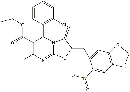 ethyl 5-(2-chlorophenyl)-2-({6-nitro-1,3-benzodioxol-5-yl}methylene)-7-methyl-3-oxo-2,3-dihydro-5H-[1,3]thiazolo[3,2-a]pyrimidine-6-carboxylate Struktur