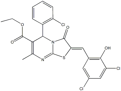 ethyl 5-(2-chlorophenyl)-2-(3,5-dichloro-2-hydroxybenzylidene)-7-methyl-3-oxo-2,3-dihydro-5H-[1,3]thiazolo[3,2-a]pyrimidine-6-carboxylate Struktur