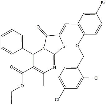 ethyl 2-{5-bromo-2-[(2,4-dichlorobenzyl)oxy]benzylidene}-7-methyl-3-oxo-5-phenyl-2,3-dihydro-5H-[1,3]thiazolo[3,2-a]pyrimidine-6-carboxylate Struktur